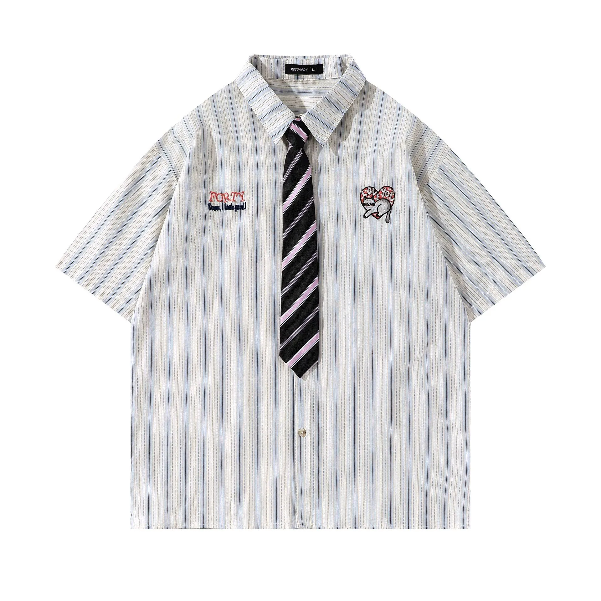 Jiayiku Men's  Summer New American College Cleanfit Striped Shirt Antique Embroidered Shirt display picture 3