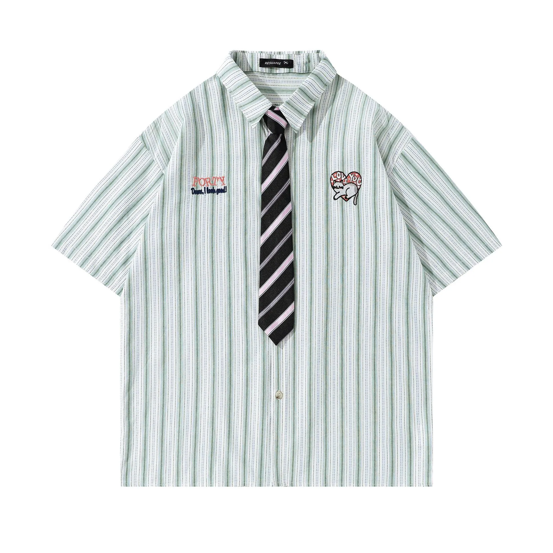 Jiayiku Men's  Summer New American College Cleanfit Striped Shirt Antique Embroidered Shirt display picture 5