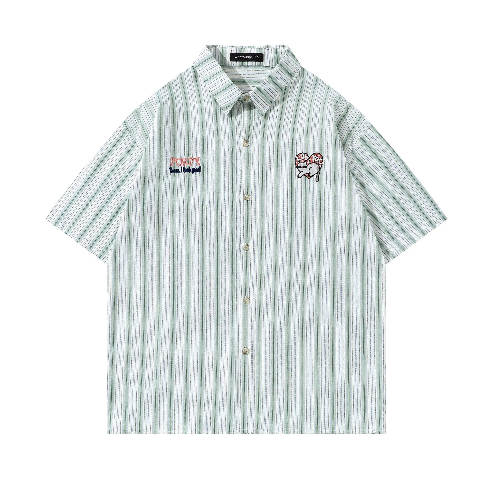 Jiayiku Men's  Summer New American College Cleanfit Striped Shirt Antique Embroidered Shirt display picture 6