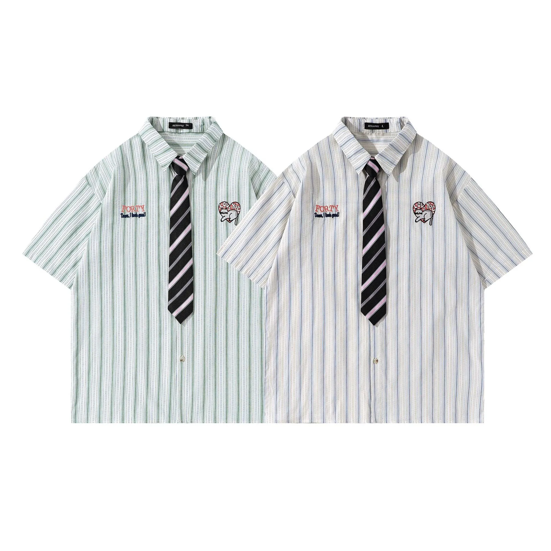 Jiayiku Men's  Summer New American College Cleanfit Striped Shirt Antique Embroidered Shirt display picture 2