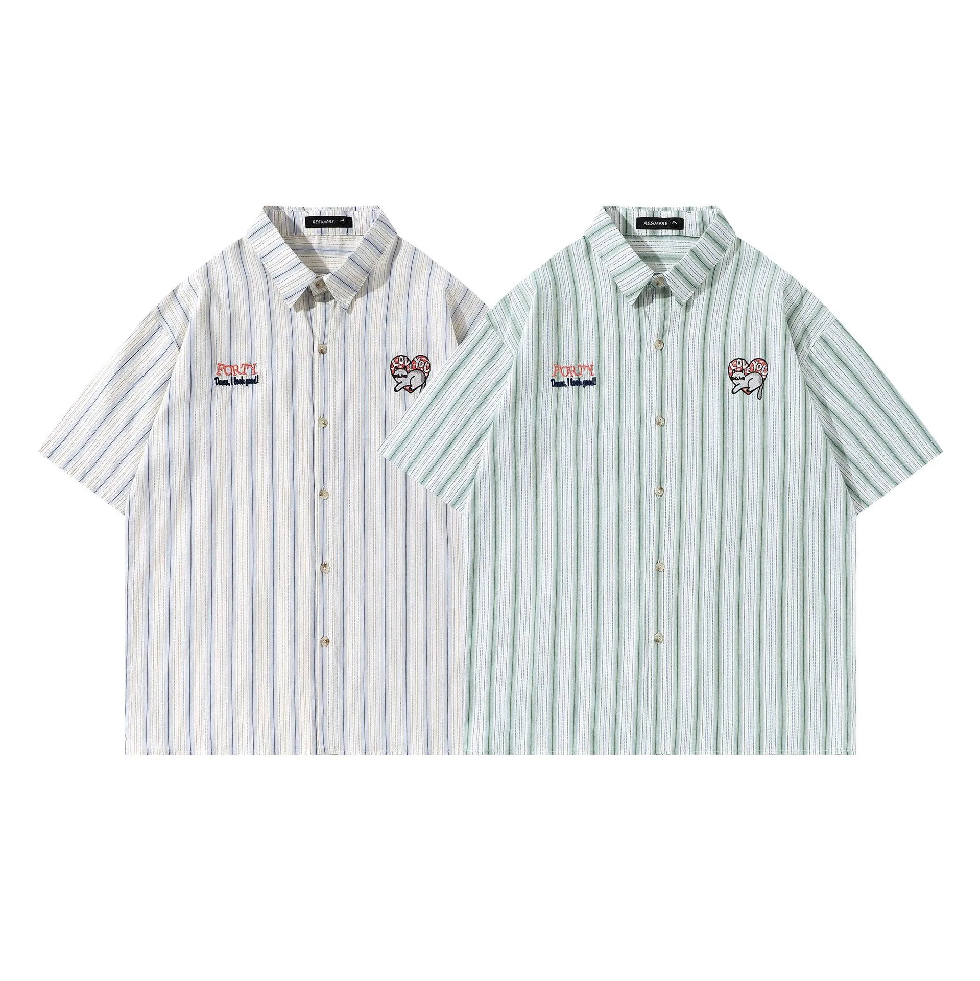 Jiayiku Men's  Summer New American College Cleanfit Striped Shirt Antique Embroidered Shirt display picture 9