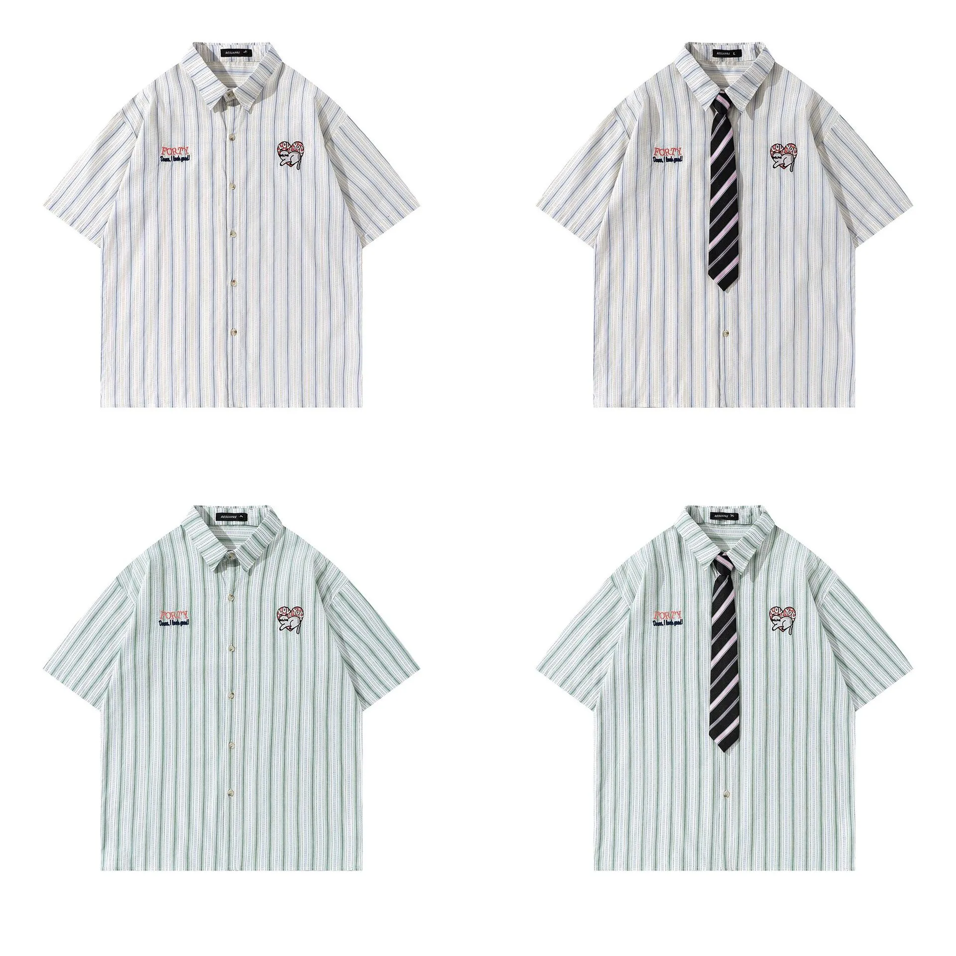 Jiayiku Men's  Summer New American College Cleanfit Striped Shirt Antique Embroidered Shirt display picture 10