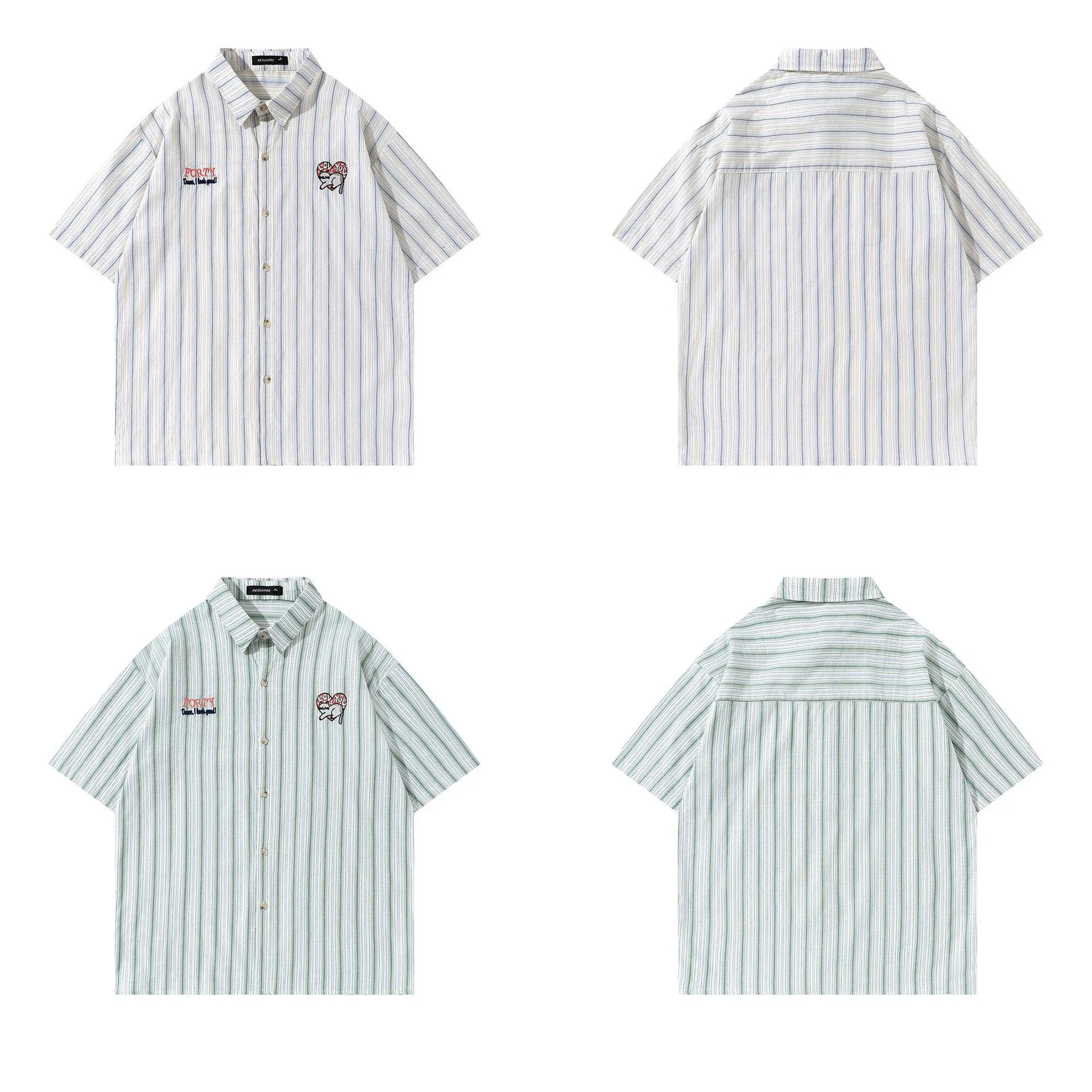 Jiayiku Men's  Summer New American College Cleanfit Striped Shirt Antique Embroidered Shirt display picture 11