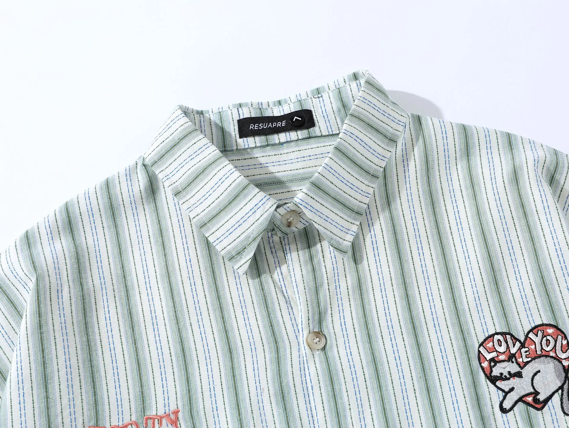 Jiayiku Men's  Summer New American College Cleanfit Striped Shirt Antique Embroidered Shirt display picture 12