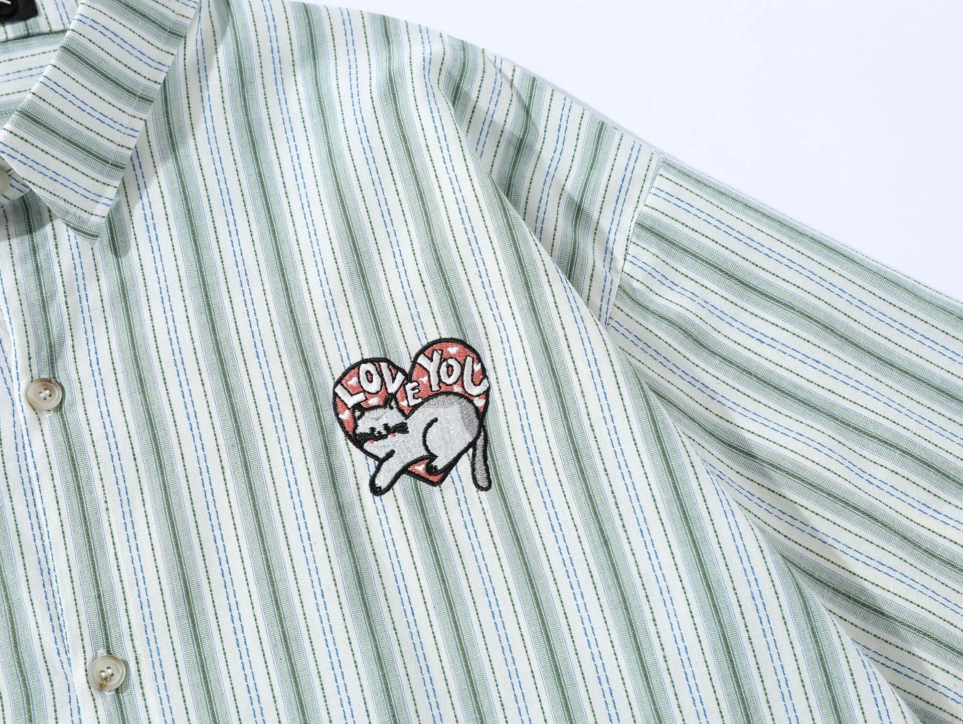 Jiayiku Men's  Summer New American College Cleanfit Striped Shirt Antique Embroidered Shirt display picture 14