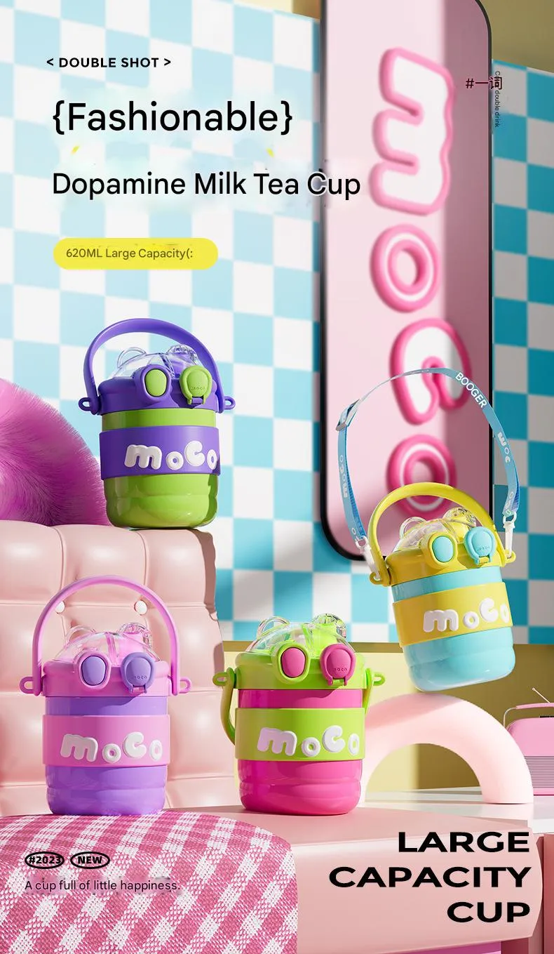 New Anti-fall Vacuum 316 Stainless Steel Children's Thermos Cup High-value Cute Straw Cup Double Drinking Portable display picture 1