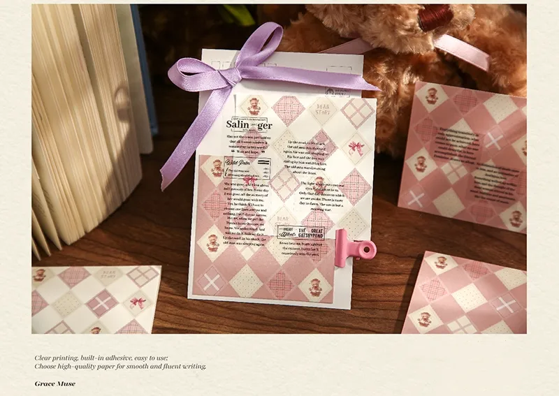 1 Piece 1 Set Cartoon Plaid Bear Class Learning School Paper Retro Sticky Note display picture 3