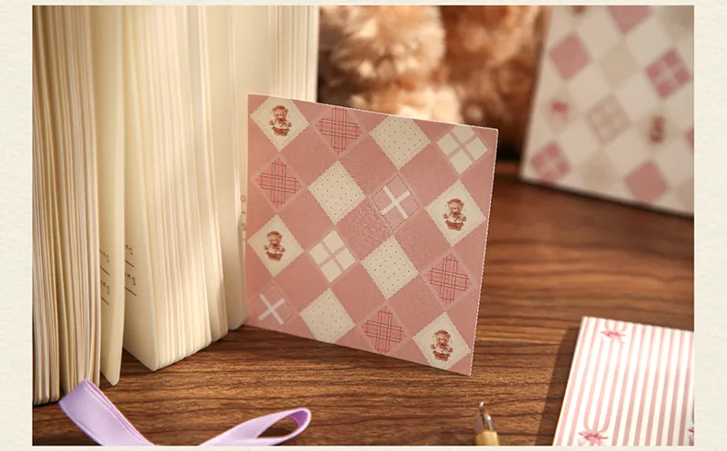 1 Piece 1 Set Cartoon Plaid Bear Class Learning School Paper Retro Sticky Note display picture 9