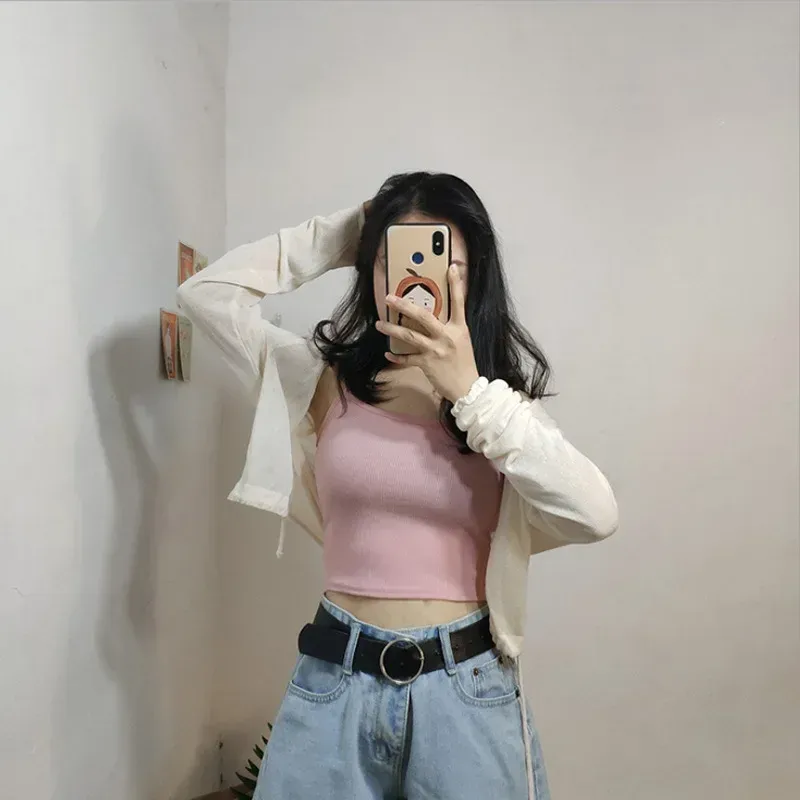 Summer New Solid Color Small Sling Female Girl Student Inner Slim Threaded Small Vest All-match Short Base Shirt display picture 3