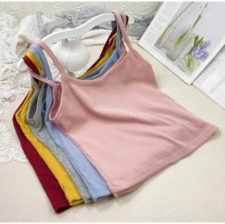 Summer New Solid Color Small Sling Female Girl Student Inner Slim Threaded Small Vest All-match Short Base Shirt display picture 5