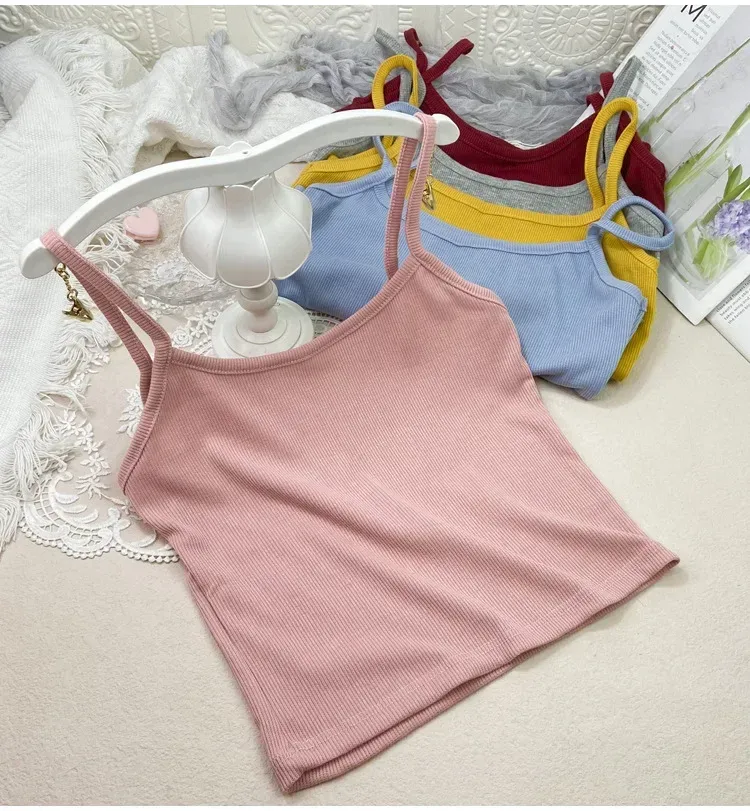Summer New Solid Color Small Sling Female Girl Student Inner Slim Threaded Small Vest All-match Short Base Shirt display picture 6