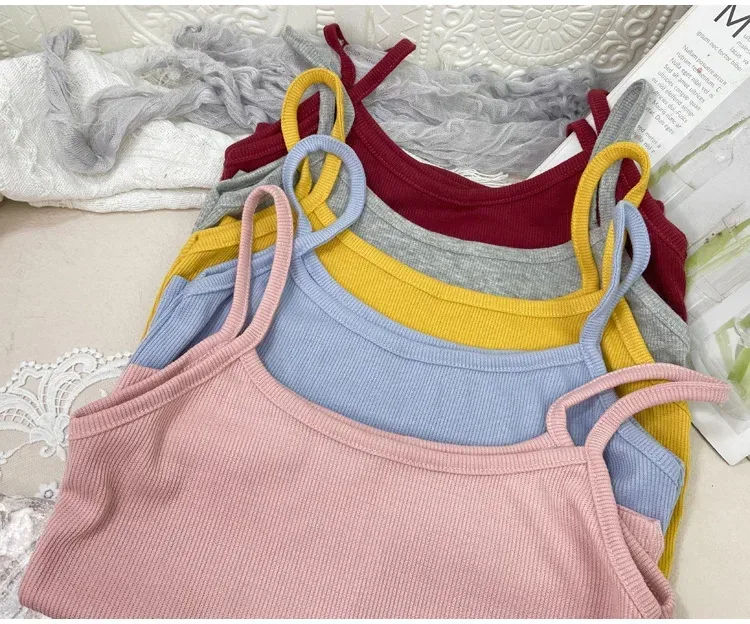 Summer New Solid Color Small Sling Female Girl Student Inner Slim Threaded Small Vest All-match Short Base Shirt display picture 7