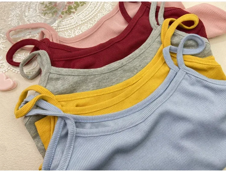 Summer New Solid Color Small Sling Female Girl Student Inner Slim Threaded Small Vest All-match Short Base Shirt display picture 8