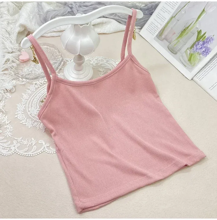 Summer New Solid Color Small Sling Female Girl Student Inner Slim Threaded Small Vest All-match Short Base Shirt display picture 10