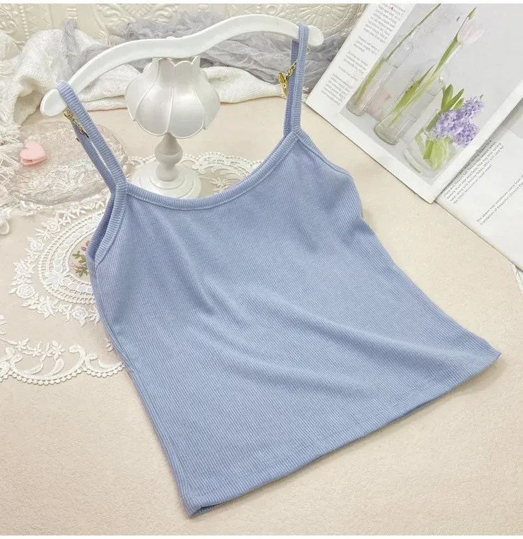 Summer New Solid Color Small Sling Female Girl Student Inner Slim Threaded Small Vest All-match Short Base Shirt display picture 11