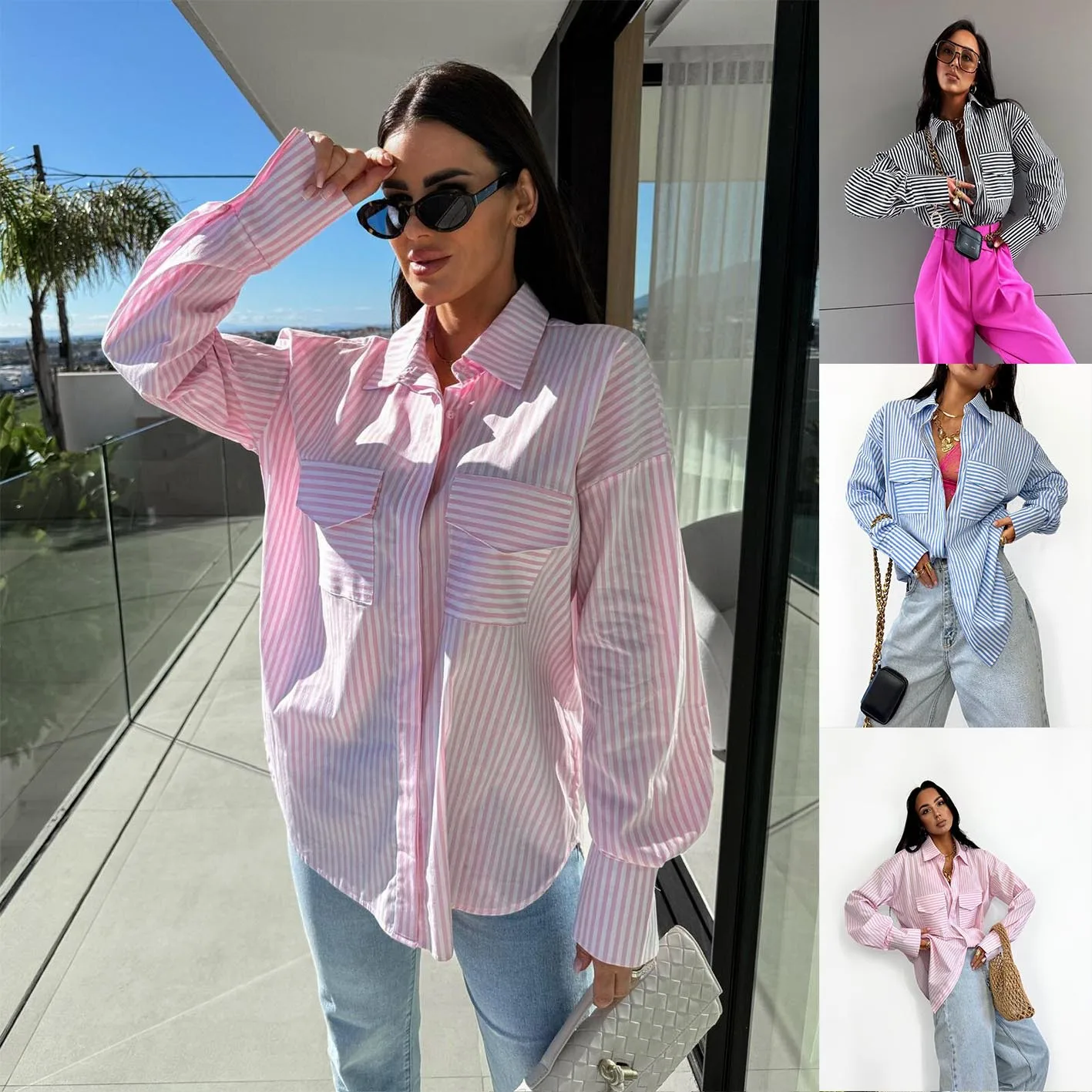 Hot Selling Spring And Summer Long Sleeve Striped Loose Shirt Striped Double Pocket Top display picture 2