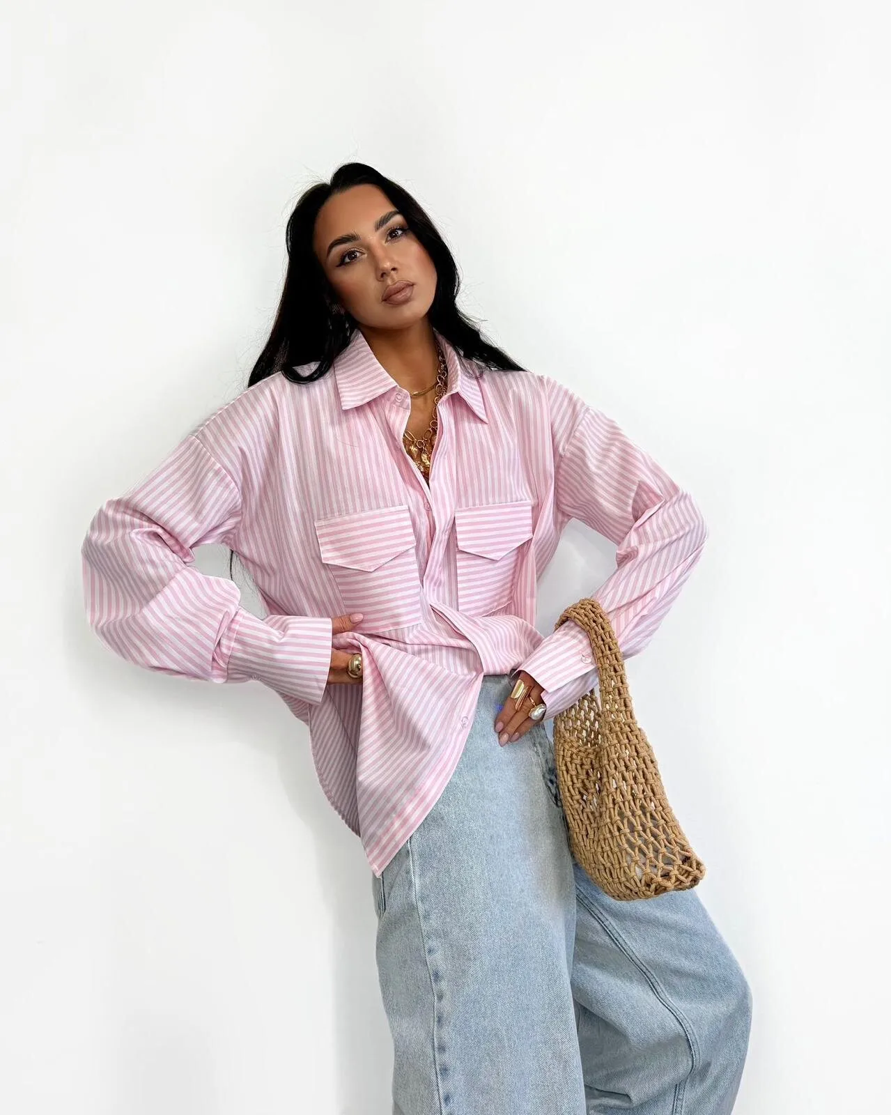 Hot Selling Spring And Summer Long Sleeve Striped Loose Shirt Striped Double Pocket Top display picture 6