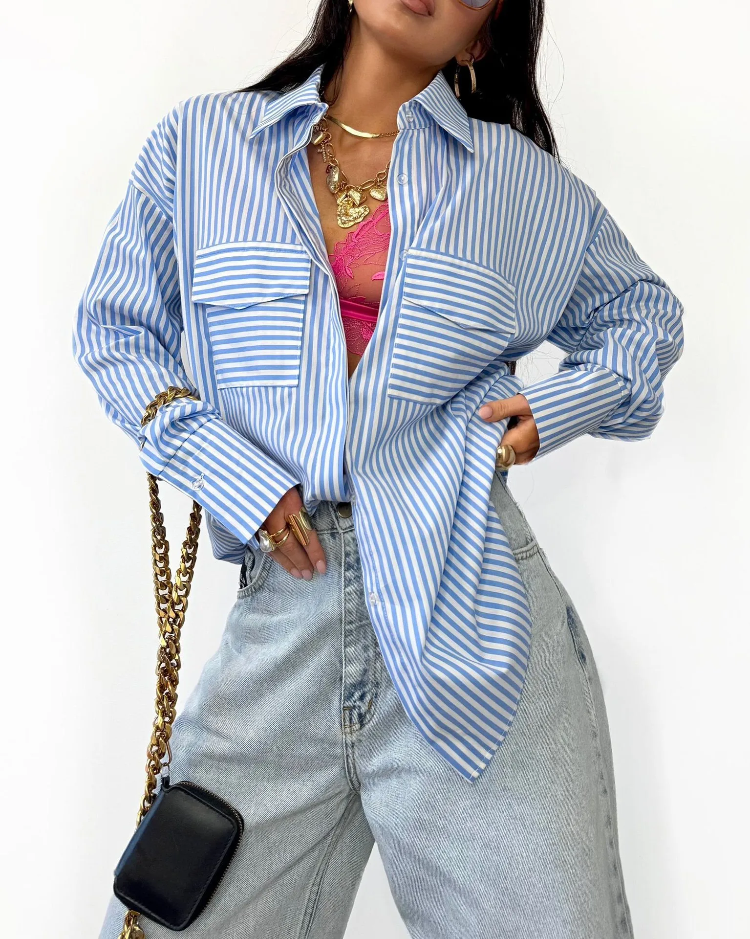 Hot Selling Spring And Summer Long Sleeve Striped Loose Shirt Striped Double Pocket Top display picture 10