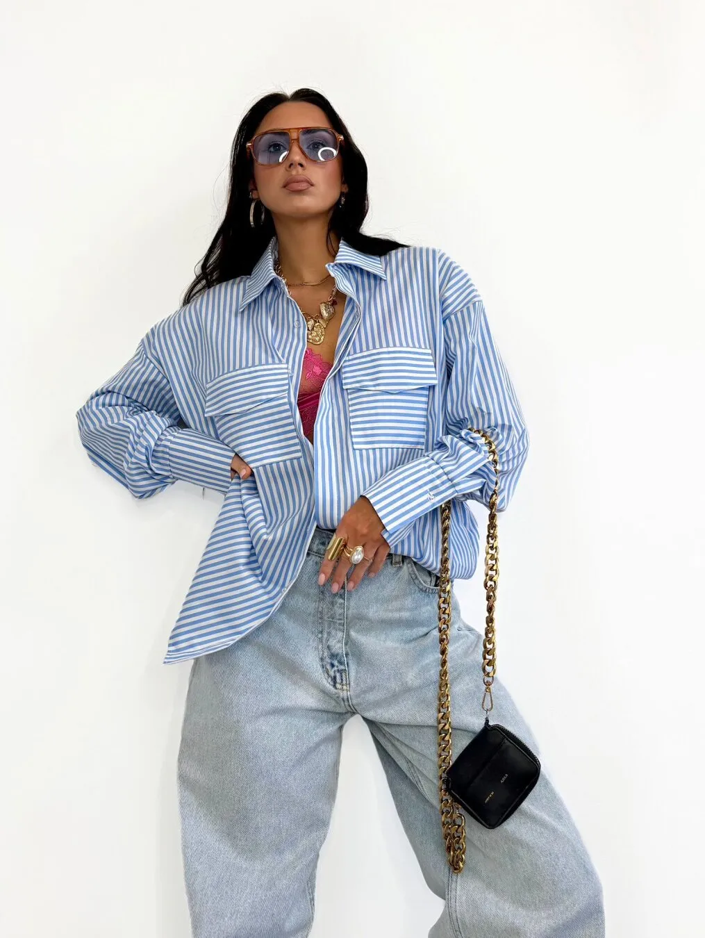 Hot Selling Spring And Summer Long Sleeve Striped Loose Shirt Striped Double Pocket Top display picture 11