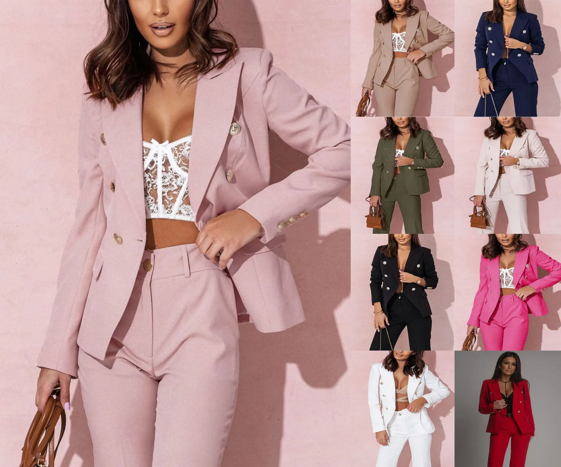 Designed  Wish Explosions Spring Best Selling Long Sleeve Double-breasted Solid Color Stand Collar Small Suit display picture 2
