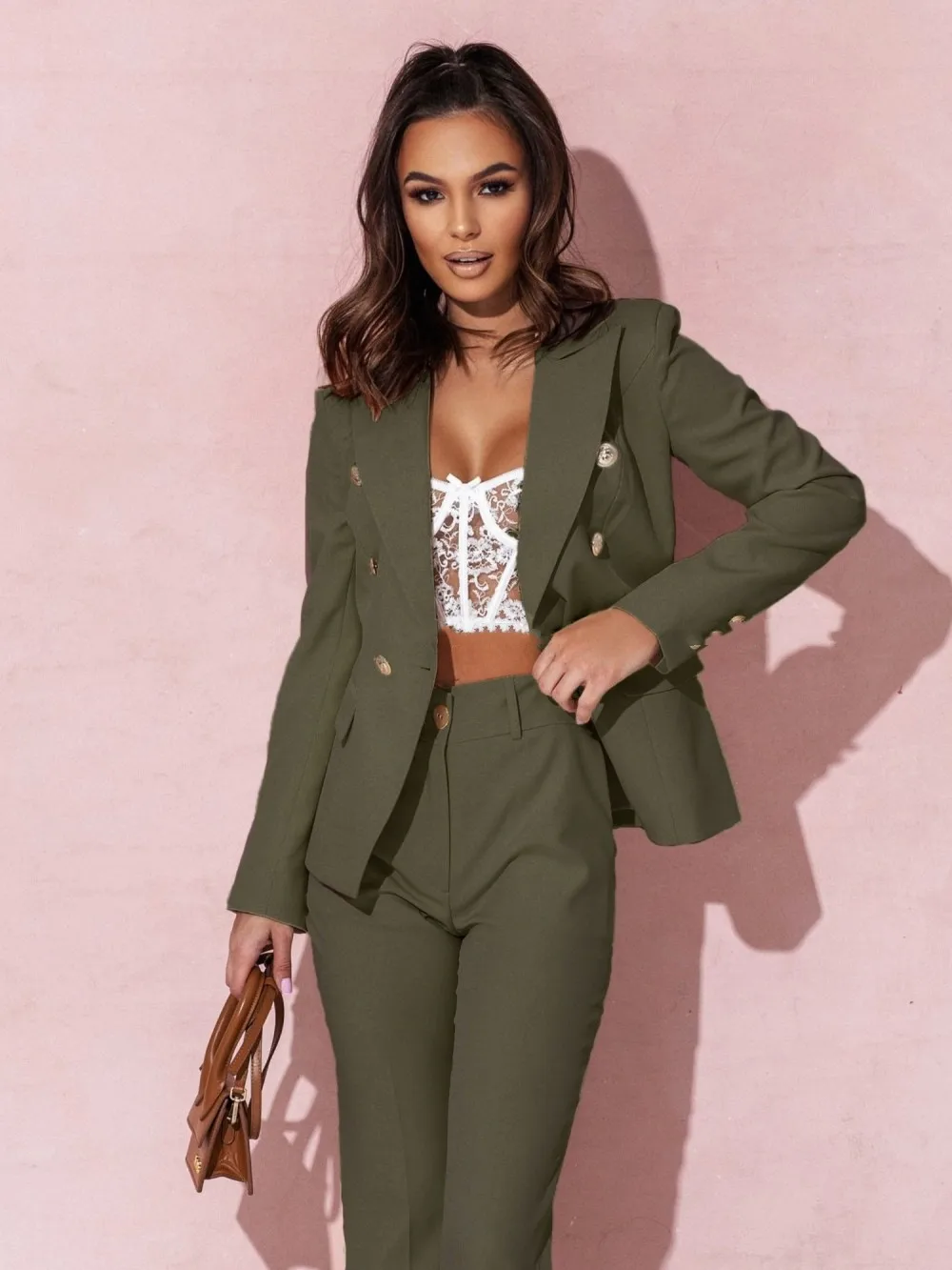 Designed  Wish Explosions Spring Best Selling Long Sleeve Double-breasted Solid Color Stand Collar Small Suit display picture 12