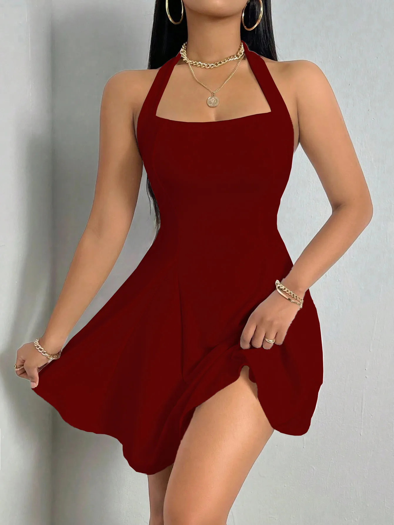Y2K Ins New  Europe And The United States  Women's Sexy Hanging Neck Backless Waist A Word Big Skirt Dress display picture 15
