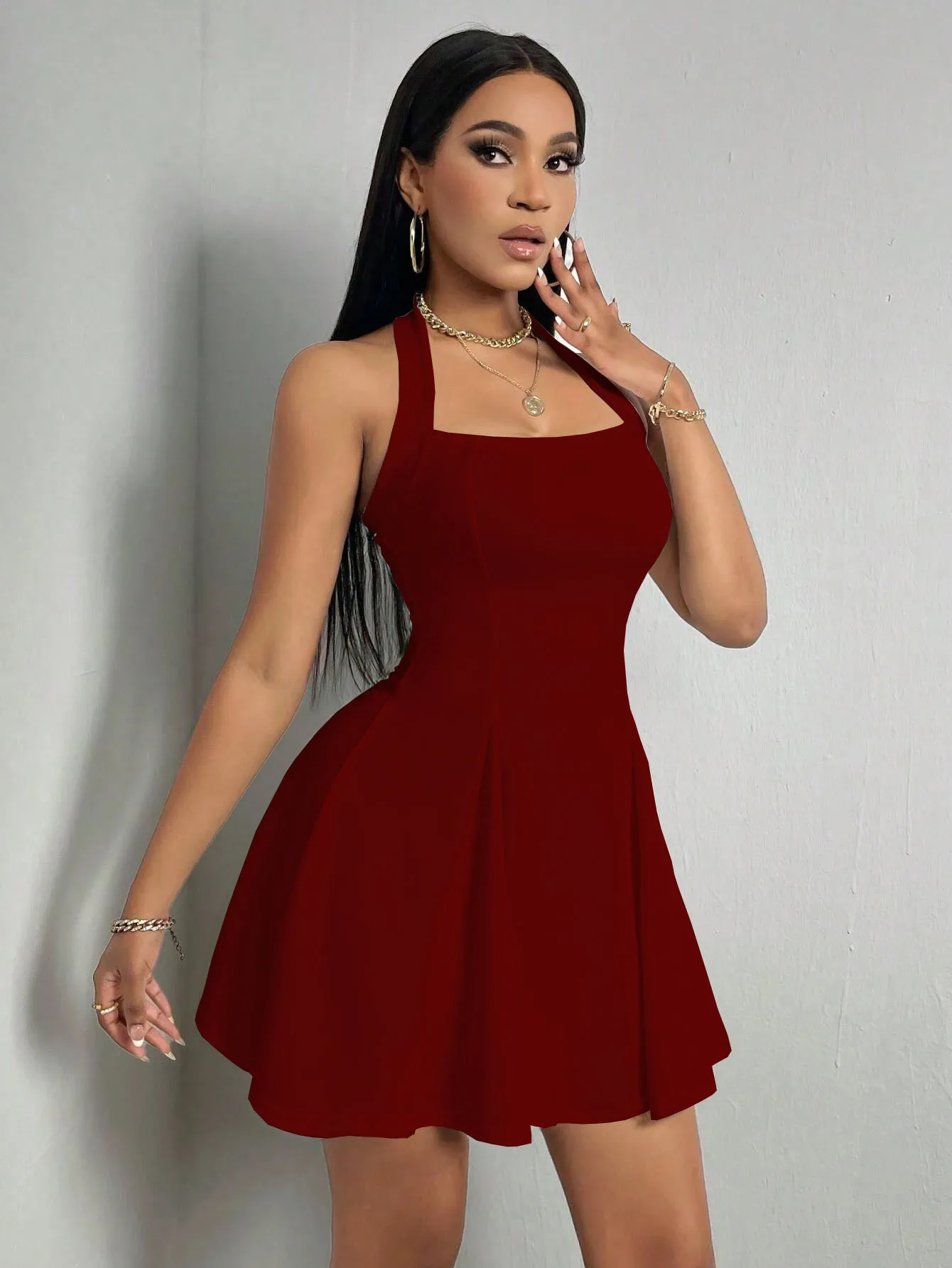 Y2K Ins New  Europe And The United States  Women's Sexy Hanging Neck Backless Waist A Word Big Skirt Dress display picture 18