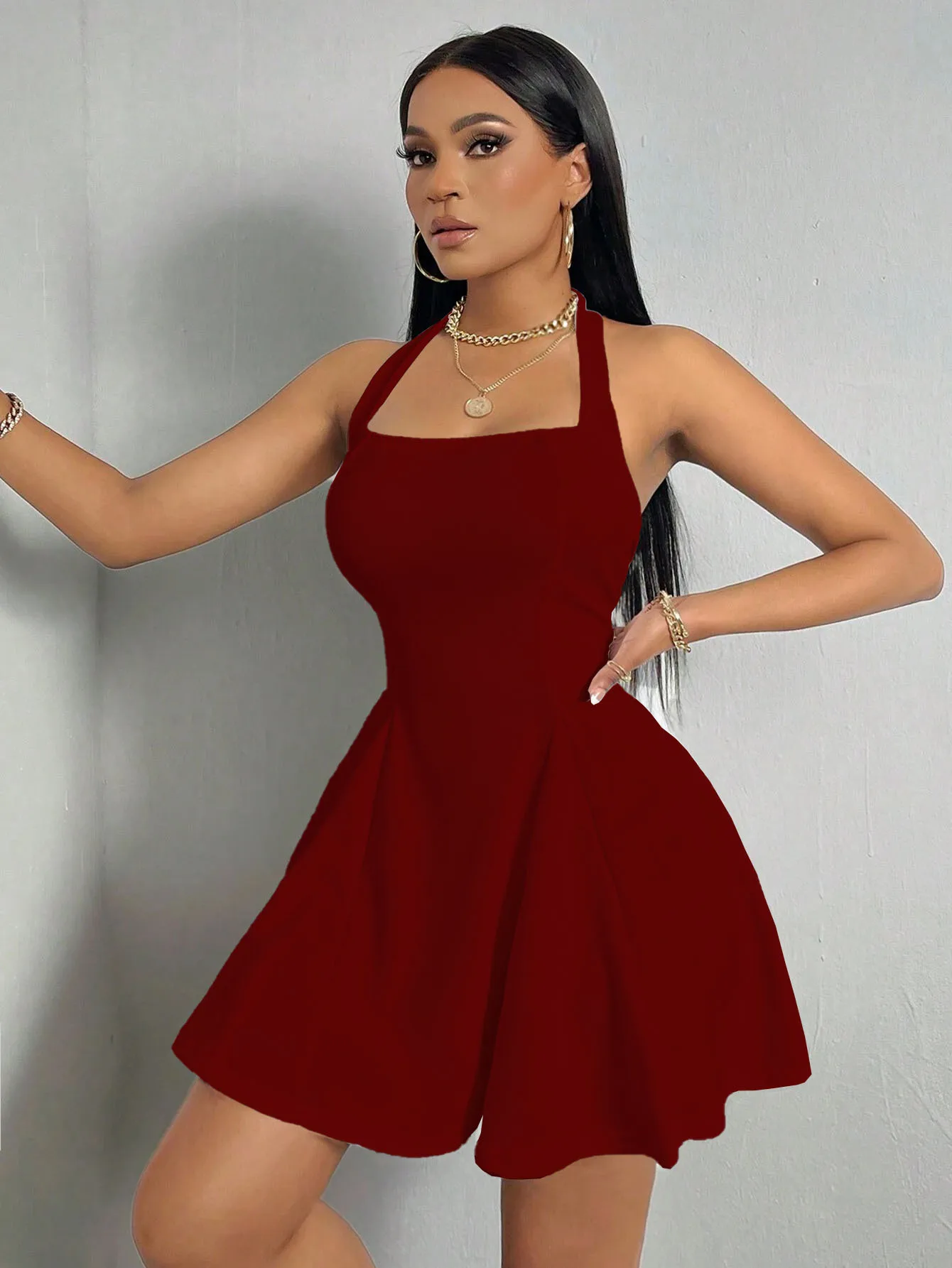 Y2K Ins New  Europe And The United States  Women's Sexy Hanging Neck Backless Waist A Word Big Skirt Dress display picture 19