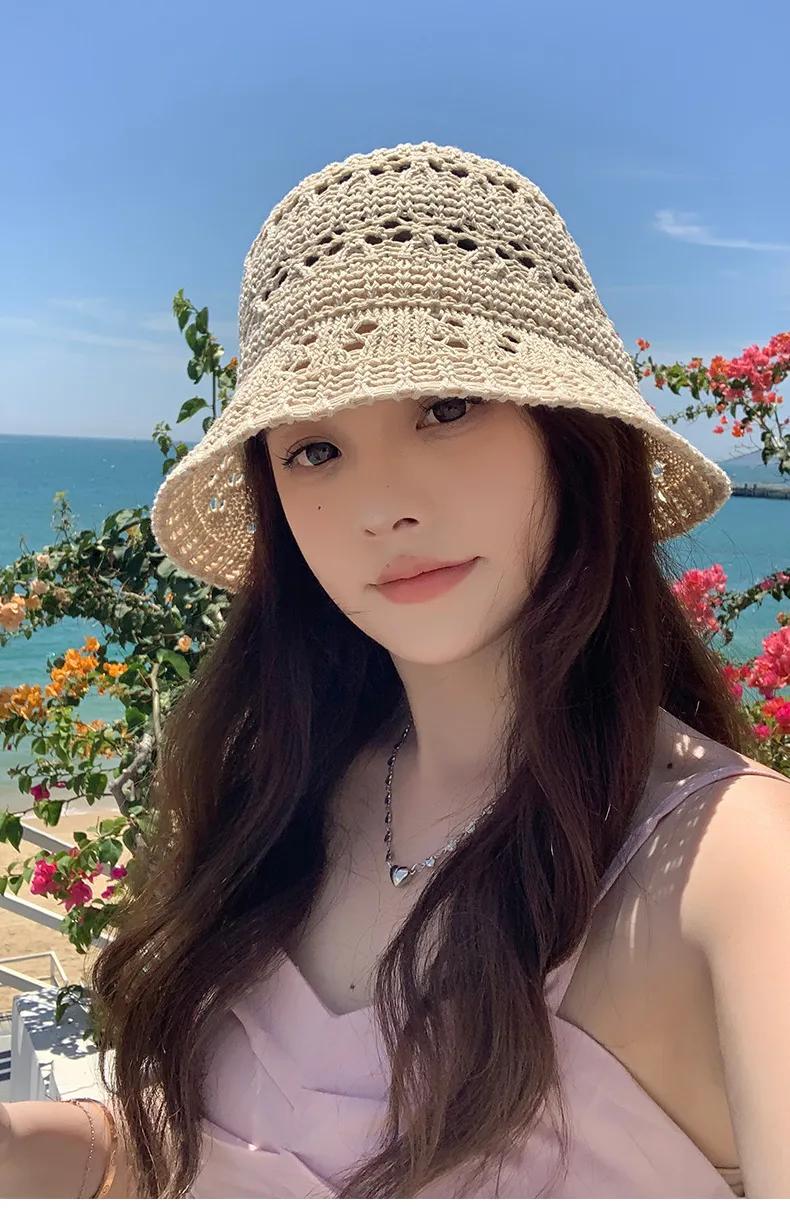Net Red Knitted Hollow New Fisherman Hat Summer Sunscreen Cap Children's Outdoor Portable Foldable Sun Hat Wholesale display picture 3