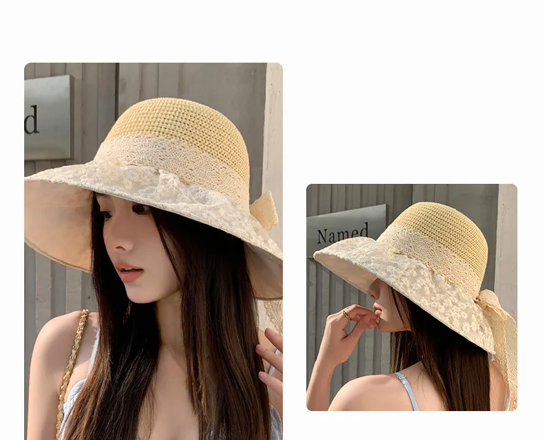 New Style Summer New Hat Female Sweet Temperament Mesh Floral Fisherman Hat Lace Ribbon Bow Sun Hat display picture 2