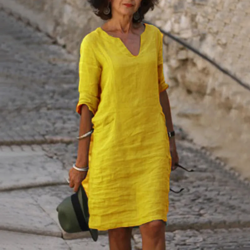 No Pocket    Cotton And Linen Wash Wrinkle V-neck Loose Retro Solid Color Half Sleeve Dress Women display picture 9