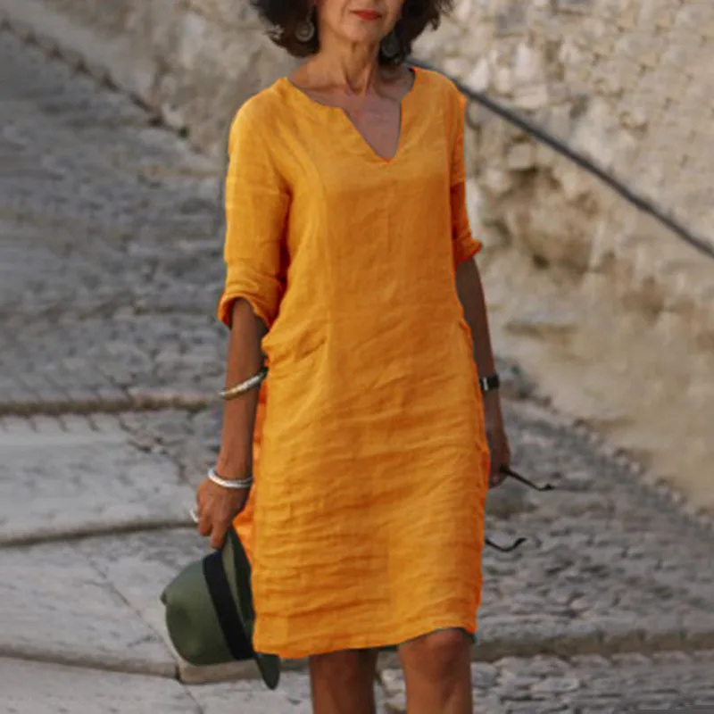 No Pocket    Cotton And Linen Wash Wrinkle V-neck Loose Retro Solid Color Half Sleeve Dress Women display picture 8