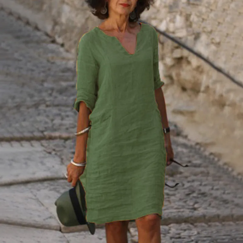 No Pocket    Cotton And Linen Wash Wrinkle V-neck Loose Retro Solid Color Half Sleeve Dress Women display picture 4