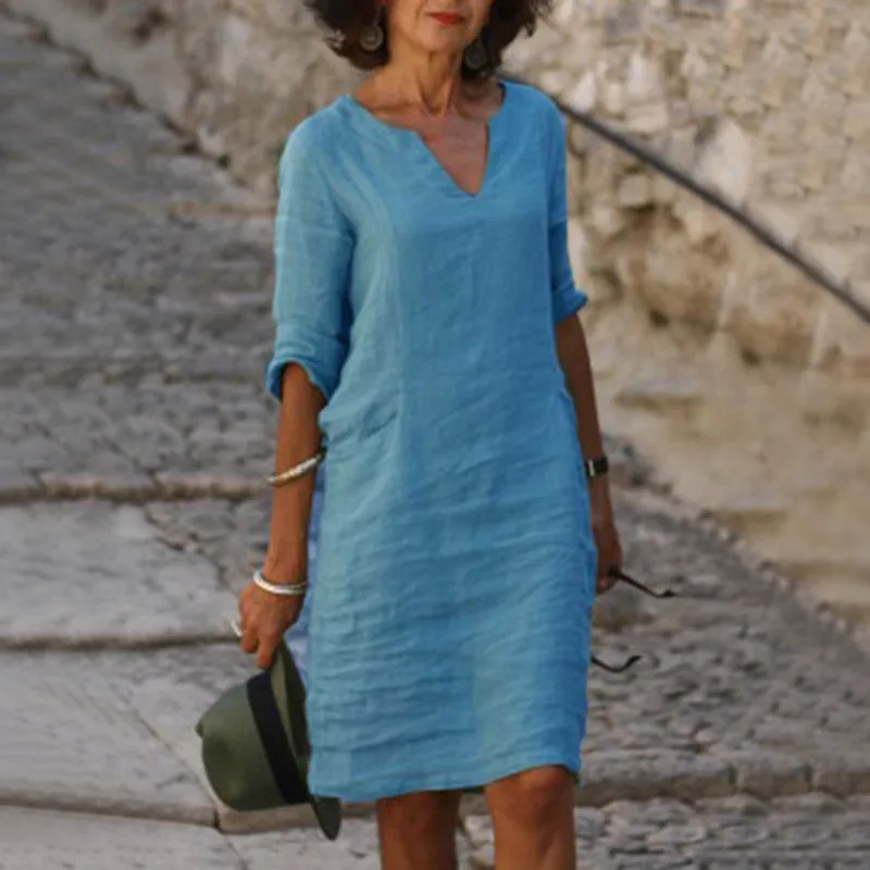 No Pocket    Cotton And Linen Wash Wrinkle V-neck Loose Retro Solid Color Half Sleeve Dress Women display picture 7