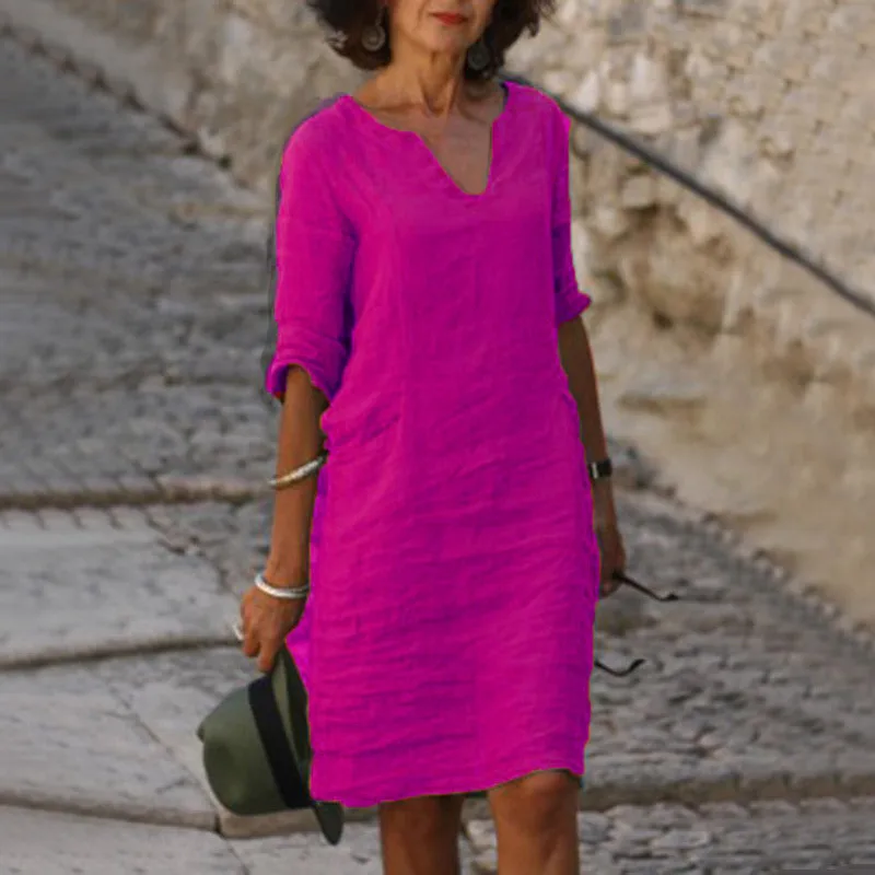 No Pocket    Cotton And Linen Wash Wrinkle V-neck Loose Retro Solid Color Half Sleeve Dress Women display picture 2