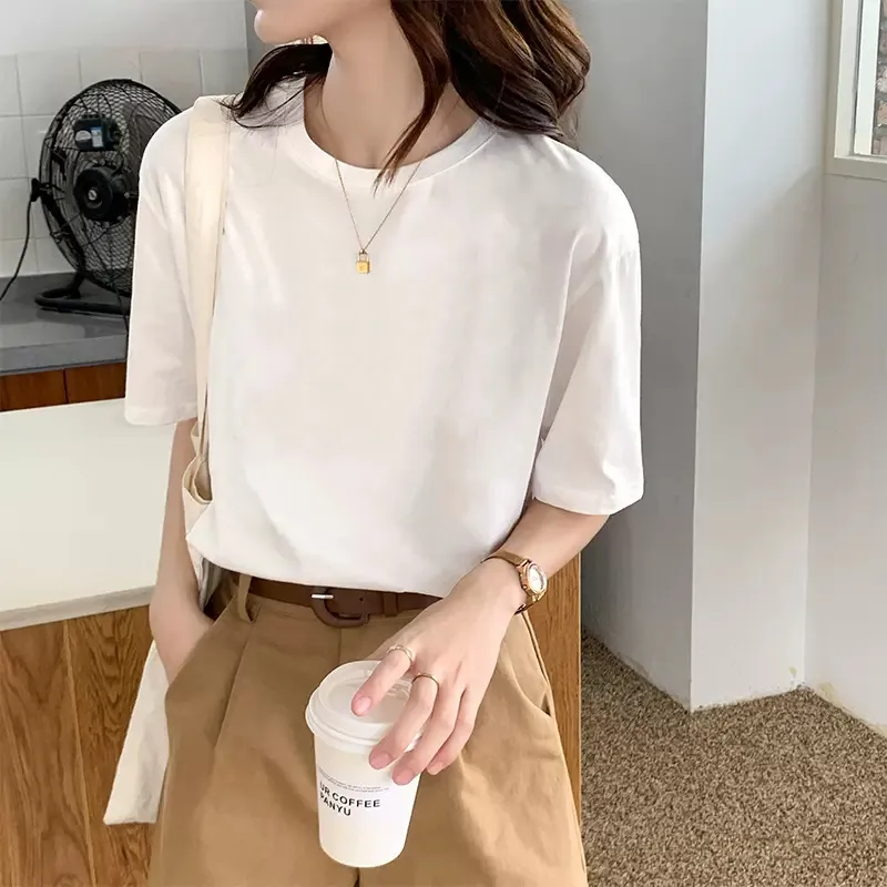 Heavy Cotton Round Neck Short-sleeved T-shirt Women's Pure White Casual Base Shirt Men's And Women's Printed Light Plate Top Basic display picture 2