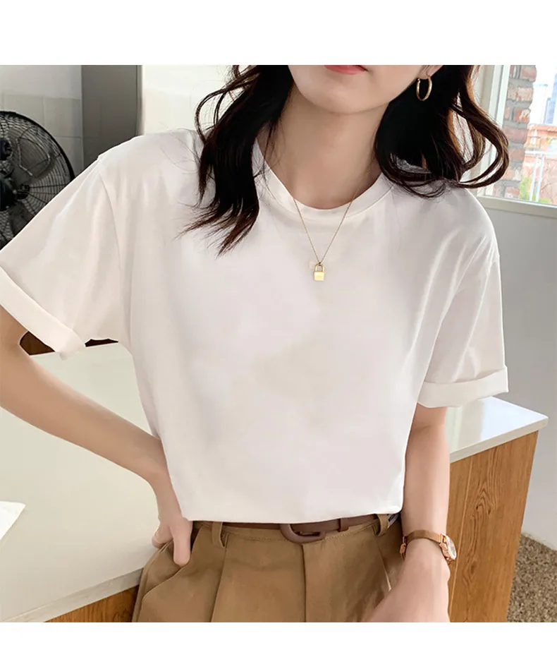 Heavy Cotton Round Neck Short-sleeved T-shirt Women's Pure White Casual Base Shirt Men's And Women's Printed Light Plate Top Basic display picture 3