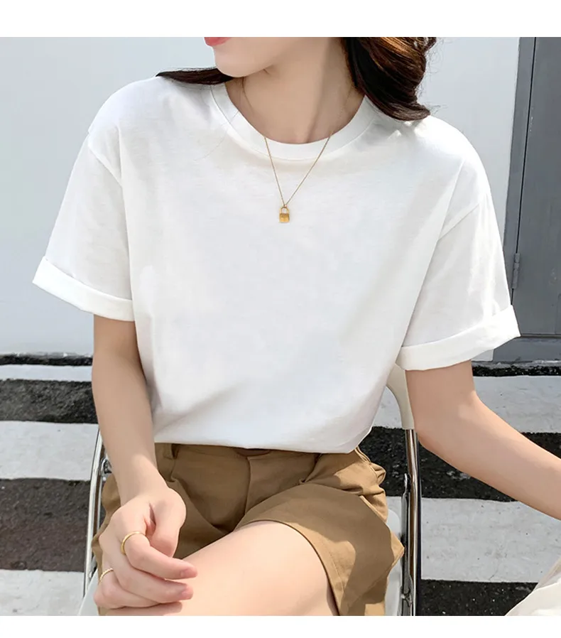 Heavy Cotton Round Neck Short-sleeved T-shirt Women's Pure White Casual Base Shirt Men's And Women's Printed Light Plate Top Basic display picture 4