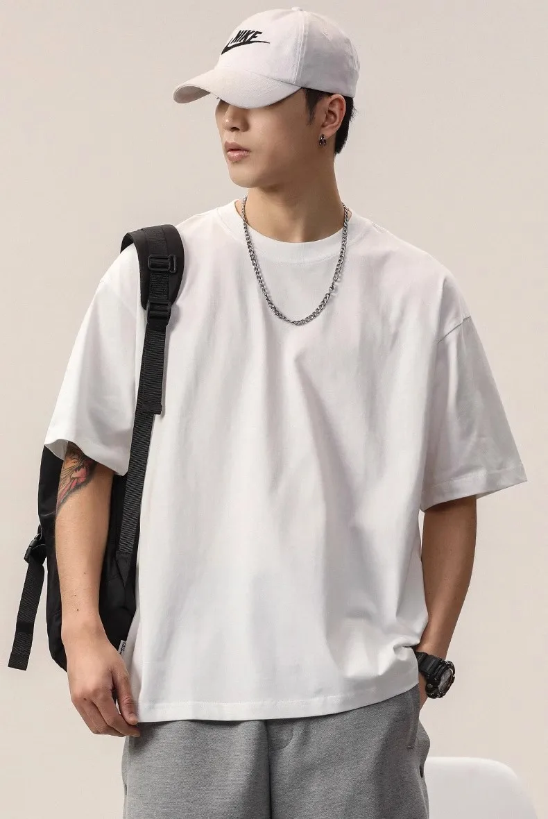 Heavy Cotton Round Neck Short-sleeved T-shirt Women's Pure White Casual Base Shirt Men's And Women's Printed Light Plate Top Basic display picture 5