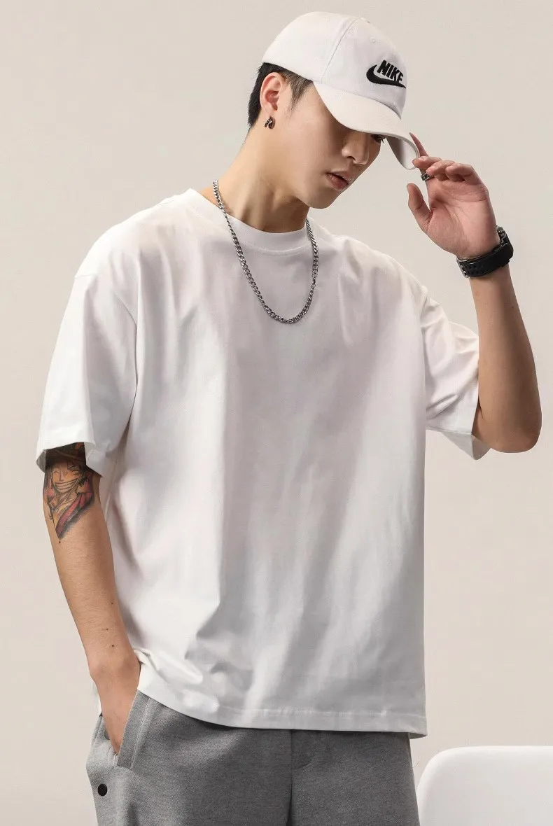 Heavy Cotton Round Neck Short-sleeved T-shirt Women's Pure White Casual Base Shirt Men's And Women's Printed Light Plate Top Basic display picture 6