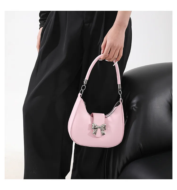 French Niche Fashion Style  New Armpit Bag Sweet Pure Color Bow Satchel Shoulder Crossbody Bag For Women display picture 6