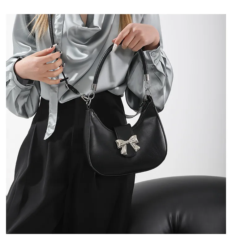 French Niche Fashion Style  New Armpit Bag Sweet Pure Color Bow Satchel Shoulder Crossbody Bag For Women display picture 7