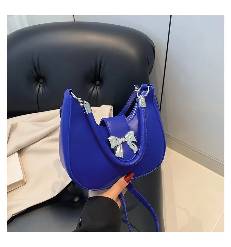 French Niche Fashion Style  New Armpit Bag Sweet Pure Color Bow Satchel Shoulder Crossbody Bag For Women display picture 12