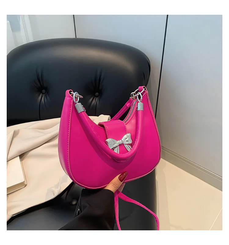 French Niche Fashion Style  New Armpit Bag Sweet Pure Color Bow Satchel Shoulder Crossbody Bag For Women display picture 13