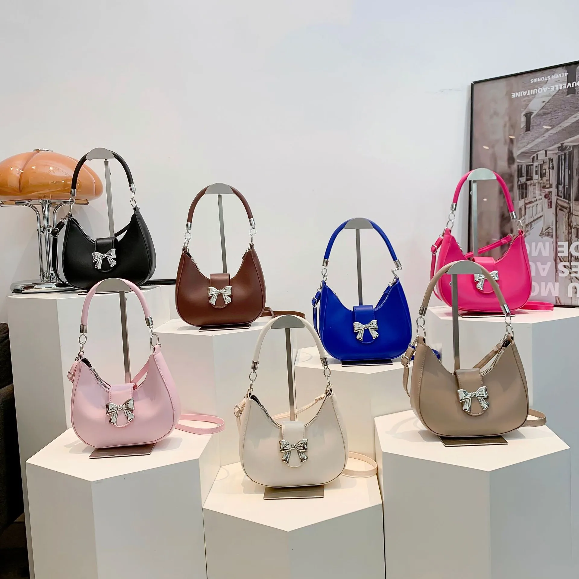 French Niche Fashion Style  New Armpit Bag Sweet Pure Color Bow Satchel Shoulder Crossbody Bag For Women display picture 18