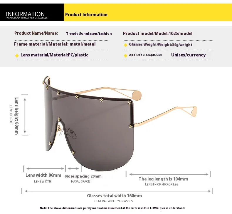 New Unisex Large Frame One-piece Metal Small Star Rice Nail Sunglasses 1025 Fashion Mask Sunglasses display picture 2