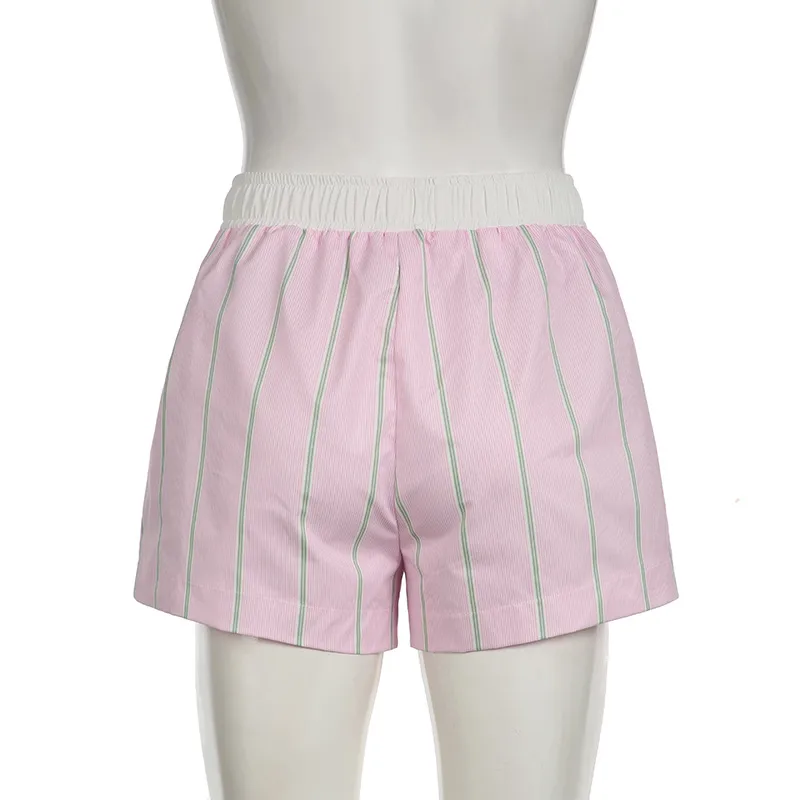Fashion New Simple Contrast Color Stitching Striped Casual Pants Women's Loose Pocket Button Home Shorts All-match display picture 11