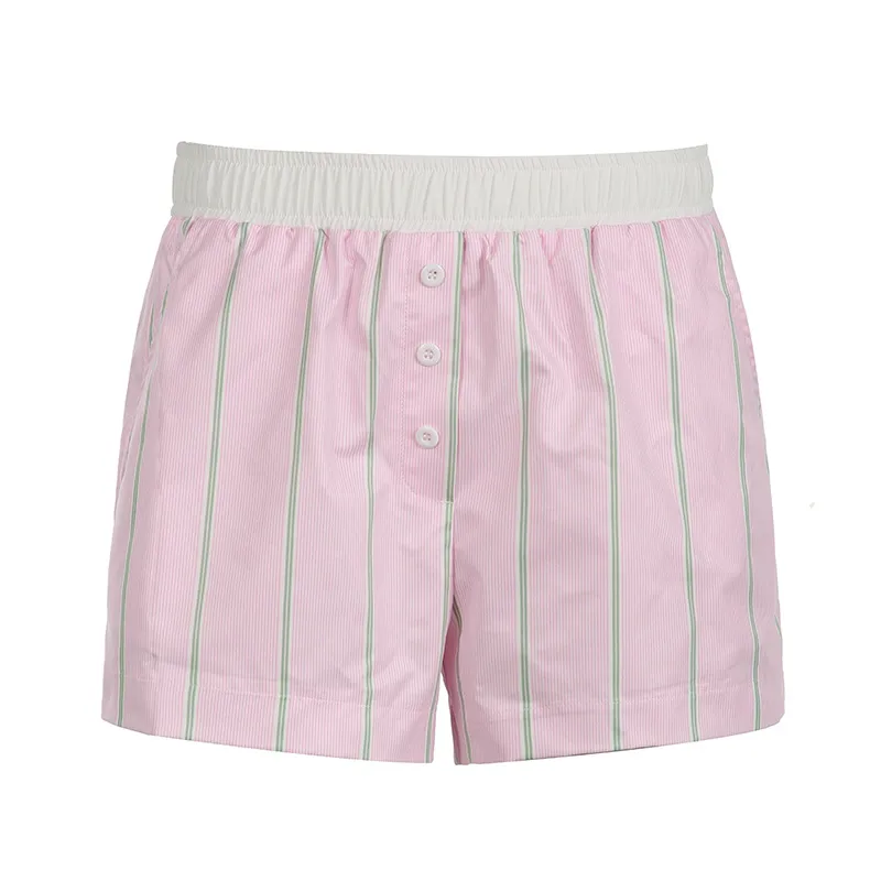 Fashion New Simple Contrast Color Stitching Striped Casual Pants Women's Loose Pocket Button Home Shorts All-match display picture 3