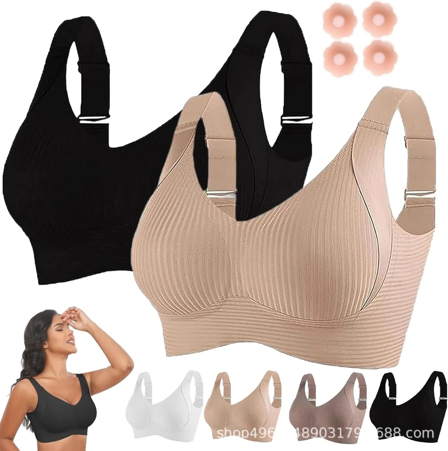 Foreign Trade Combination  4PC Hitch  Plus Size Seamless Underwear Women's Big Chest Small Gather Bra Women display picture 5