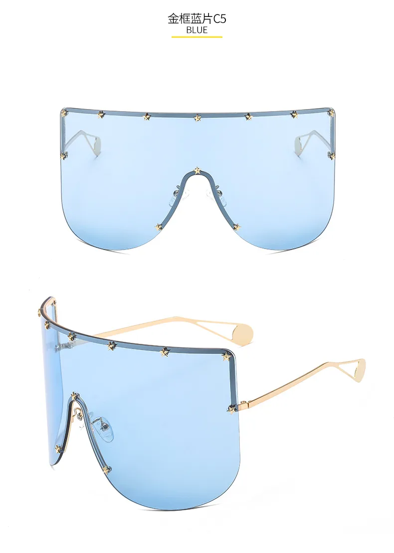New Unisex Large Frame One-piece Metal Small Star Rice Nail Sunglasses 1025 Fashion Mask Sunglasses display picture 9